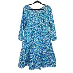 J.Crew Scoopneck Mini Dress 16 Blue Green Blueberry Print Tiered Pocket Cotton‎